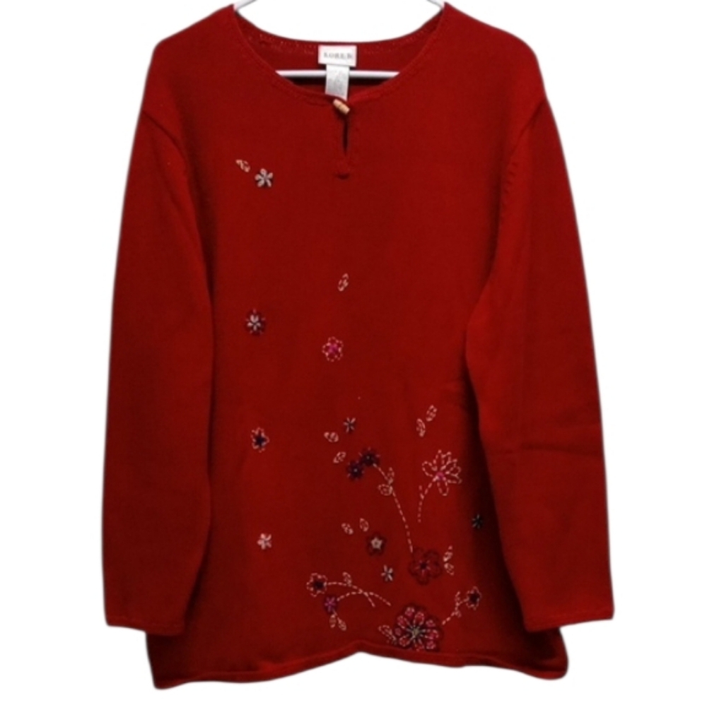 Koret Red Floral Embroidered Knit Sweater